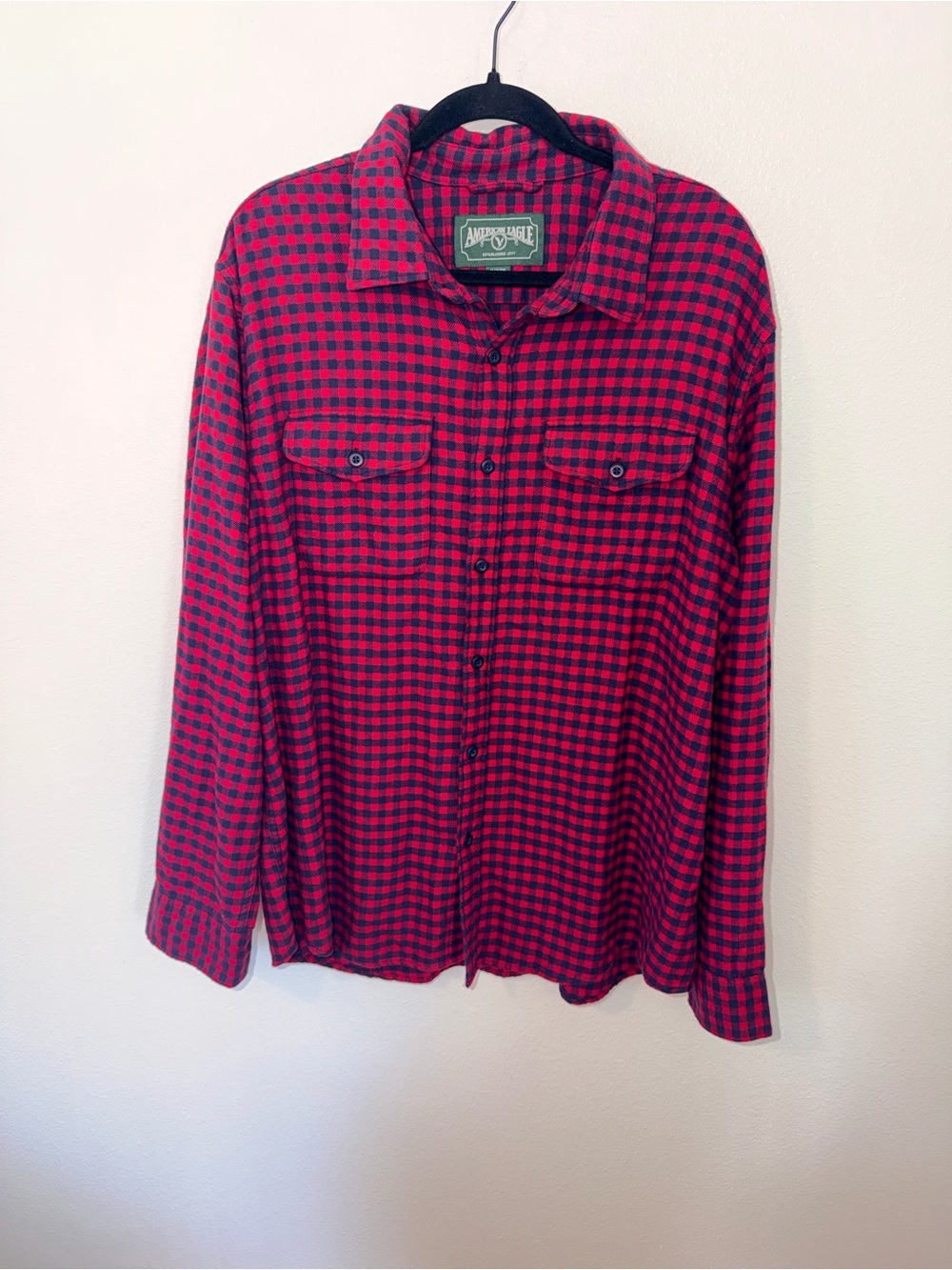 American Eagle Outfitters Red and Black Check Button-Down Shirt